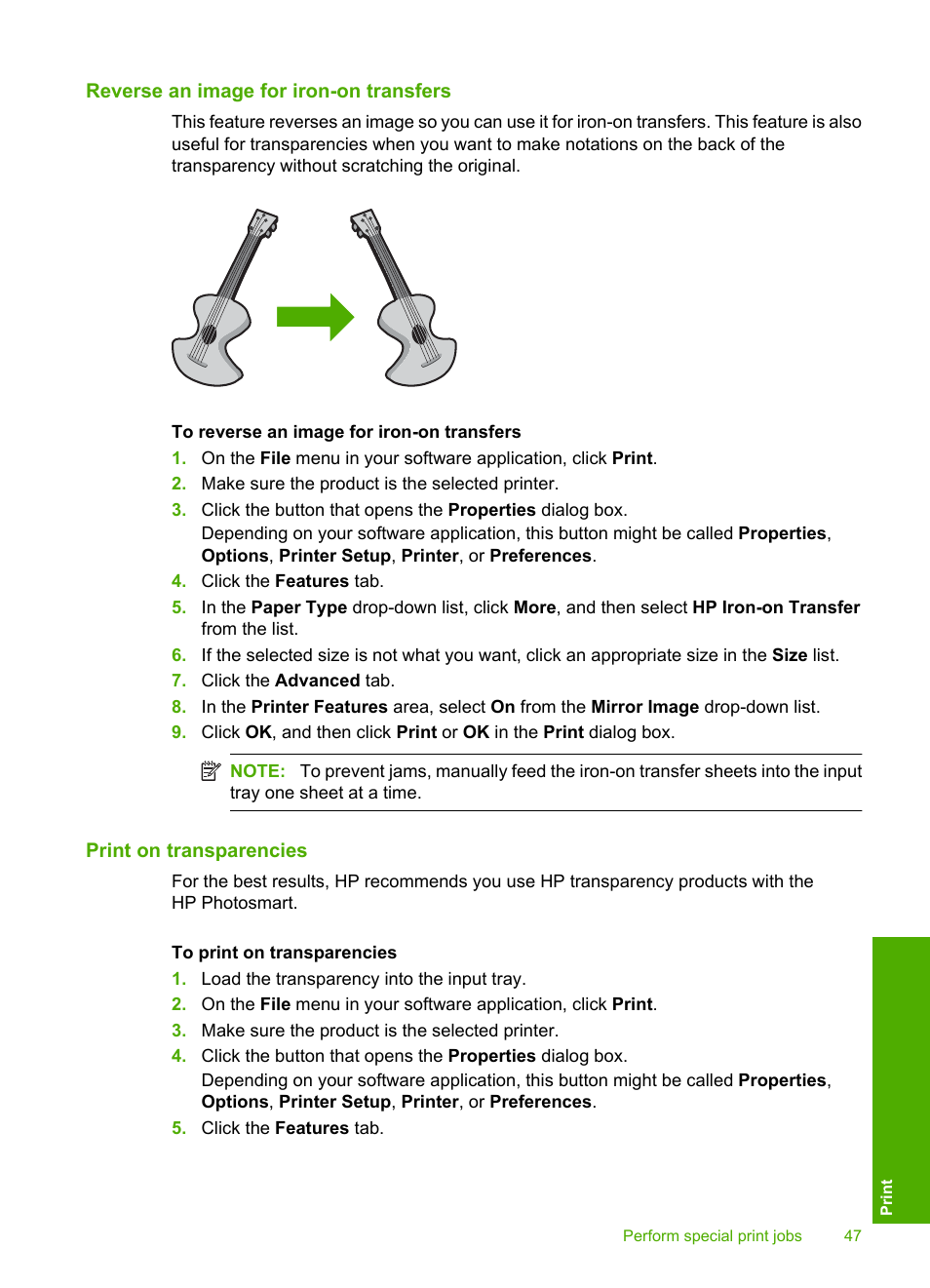 Reverse an image for iron-on transfers, Print on transparencies | HP Photosmart D5400 series User Manual | Page 48 / 221