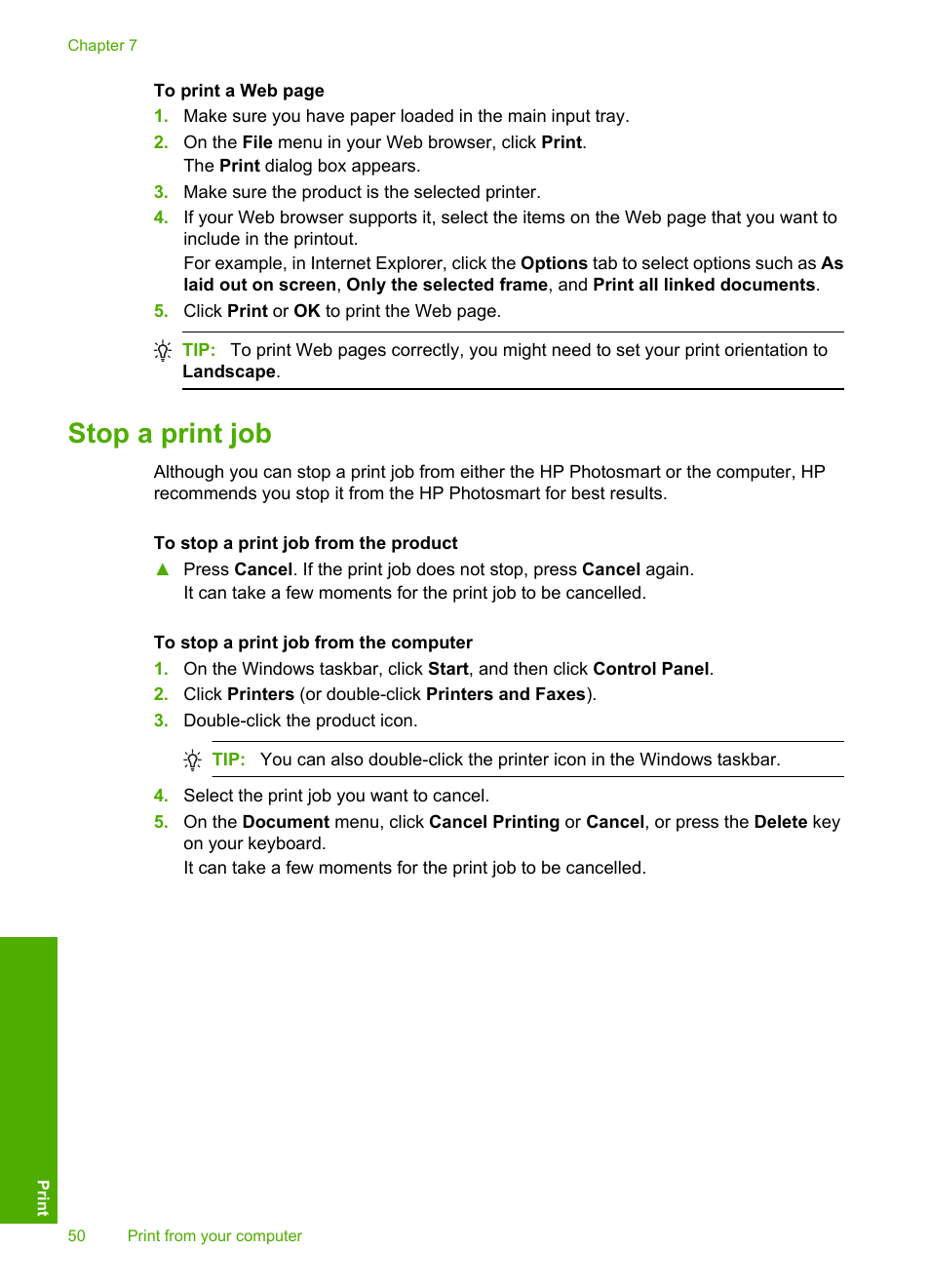 Stop a print job | HP Photosmart D5400 series User Manual | Page 51 / 221