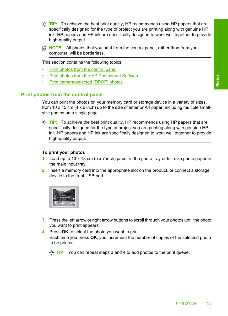 Print photos from the control panel | HP Photosmart D5400 series User Manual | Page 54 / 221