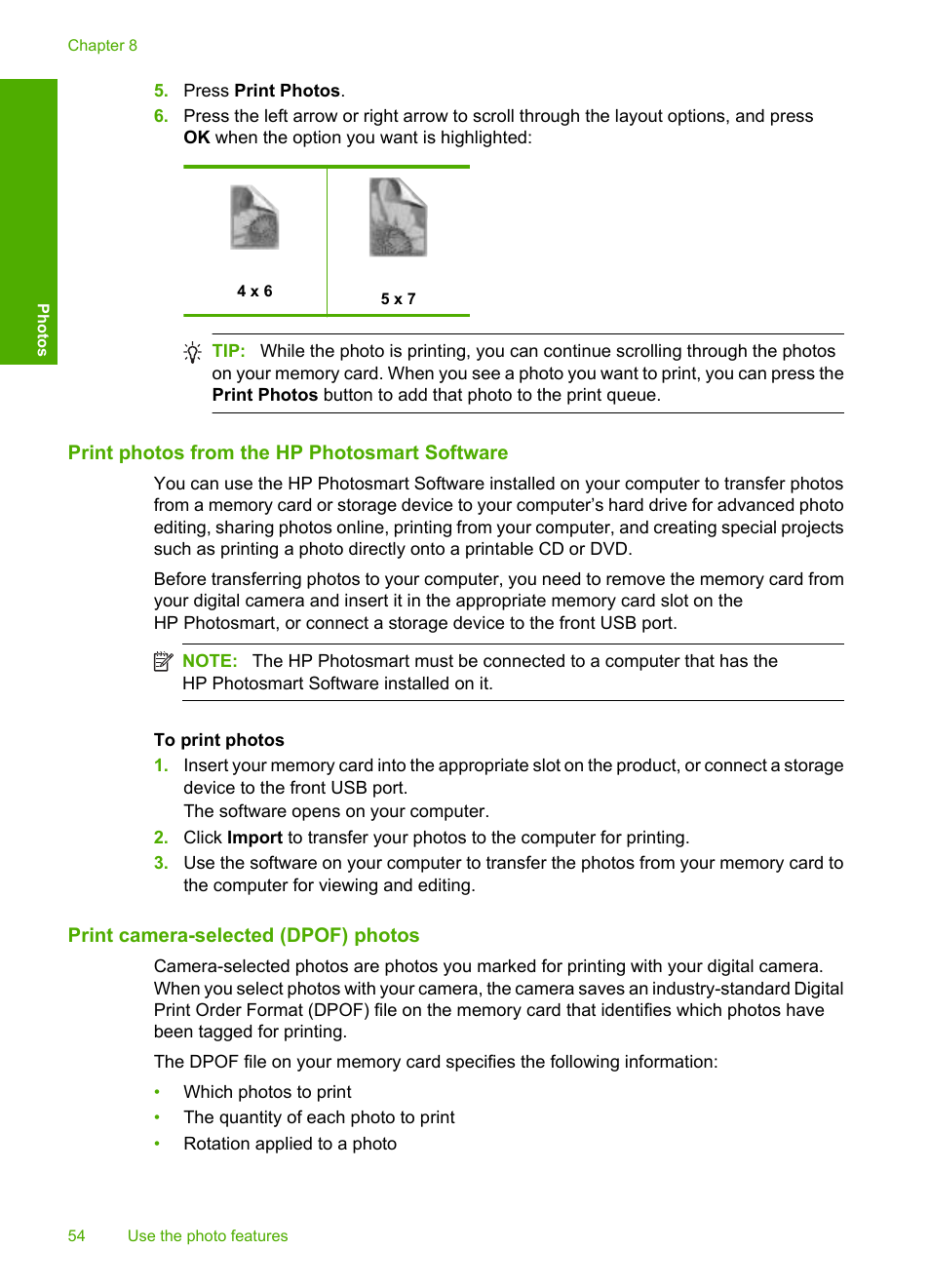 Print photos from the hp photosmart software, Print camera-selected (dpof) photos | HP Photosmart D5400 series User Manual | Page 55 / 221