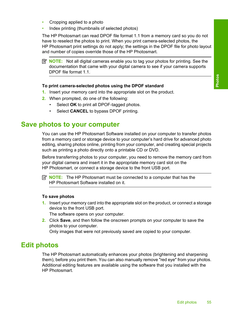 Save photos to your computer, Edit photos, Save photos to your computer edit photos | HP Photosmart D5400 series User Manual | Page 56 / 221