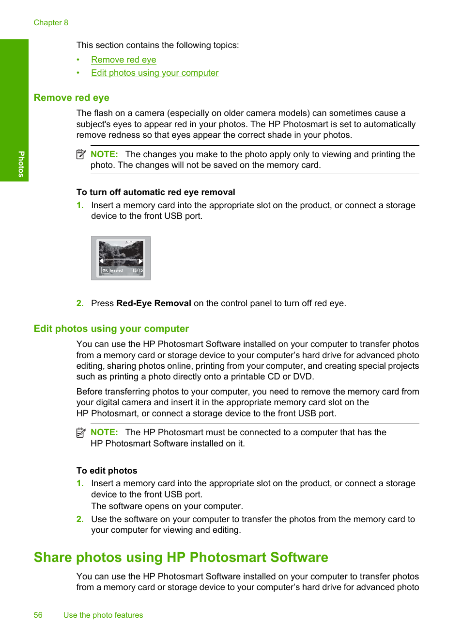 Remove red eye, Edit photos using your computer, Share photos using hp photosmart software | HP Photosmart D5400 series User Manual | Page 57 / 221