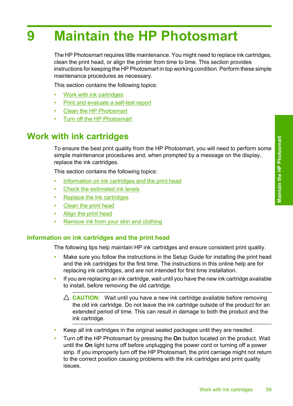 Maintain the hp photosmart, Work with ink cartridges, Information on ink cartridges and the print head | 9 maintain the hp photosmart, 9maintain the hp photosmart | HP Photosmart D5400 series User Manual | Page 60 / 221