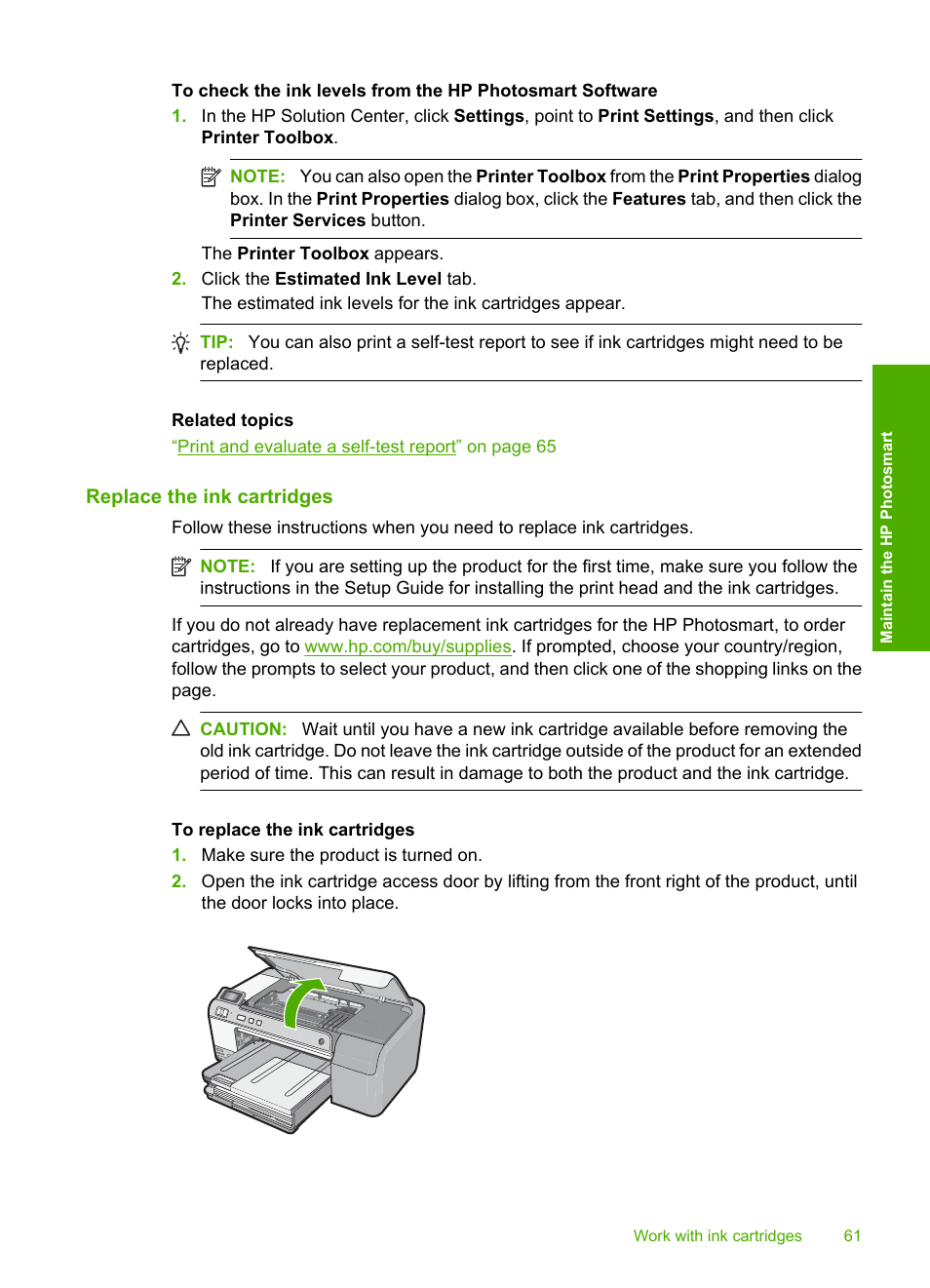 Replace the ink cartridges | HP Photosmart D5400 series User Manual | Page 62 / 221