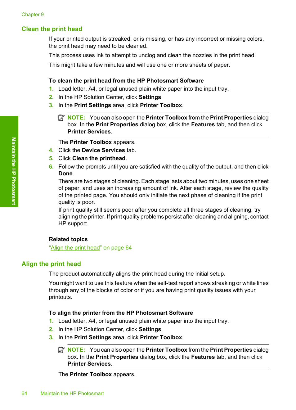 Clean the print head, Align the print head | HP Photosmart D5400 series User Manual | Page 65 / 221