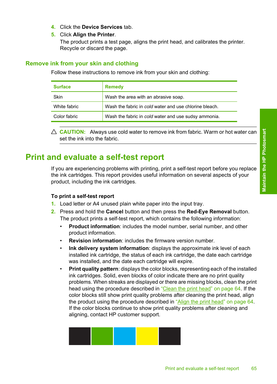 Remove ink from your skin and clothing, Print and evaluate a self-test report | HP Photosmart D5400 series User Manual | Page 66 / 221