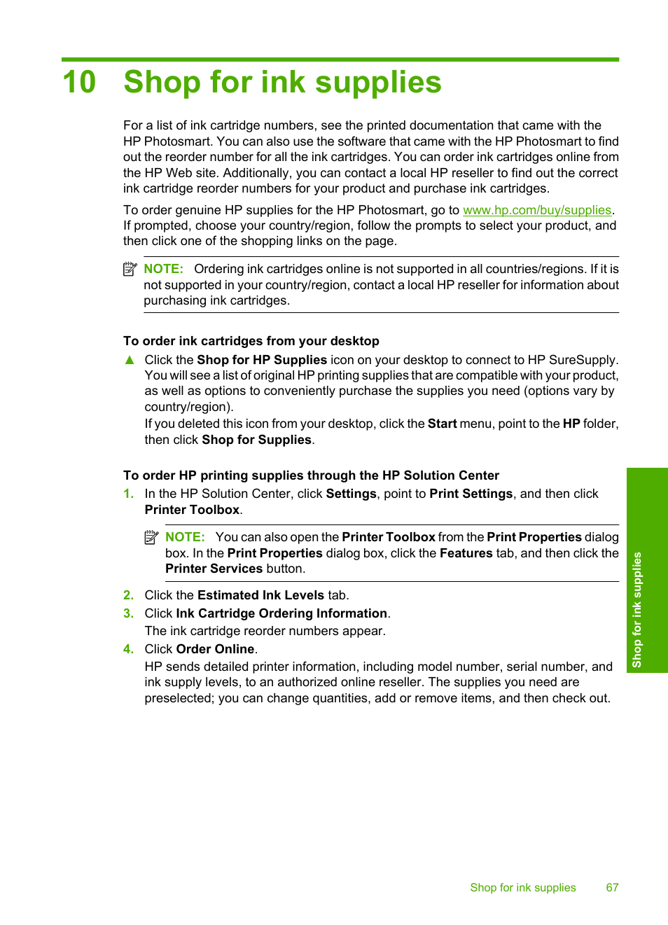 Shop for ink supplies, 10 shop for ink supplies | HP Photosmart D5400 series User Manual | Page 68 / 221