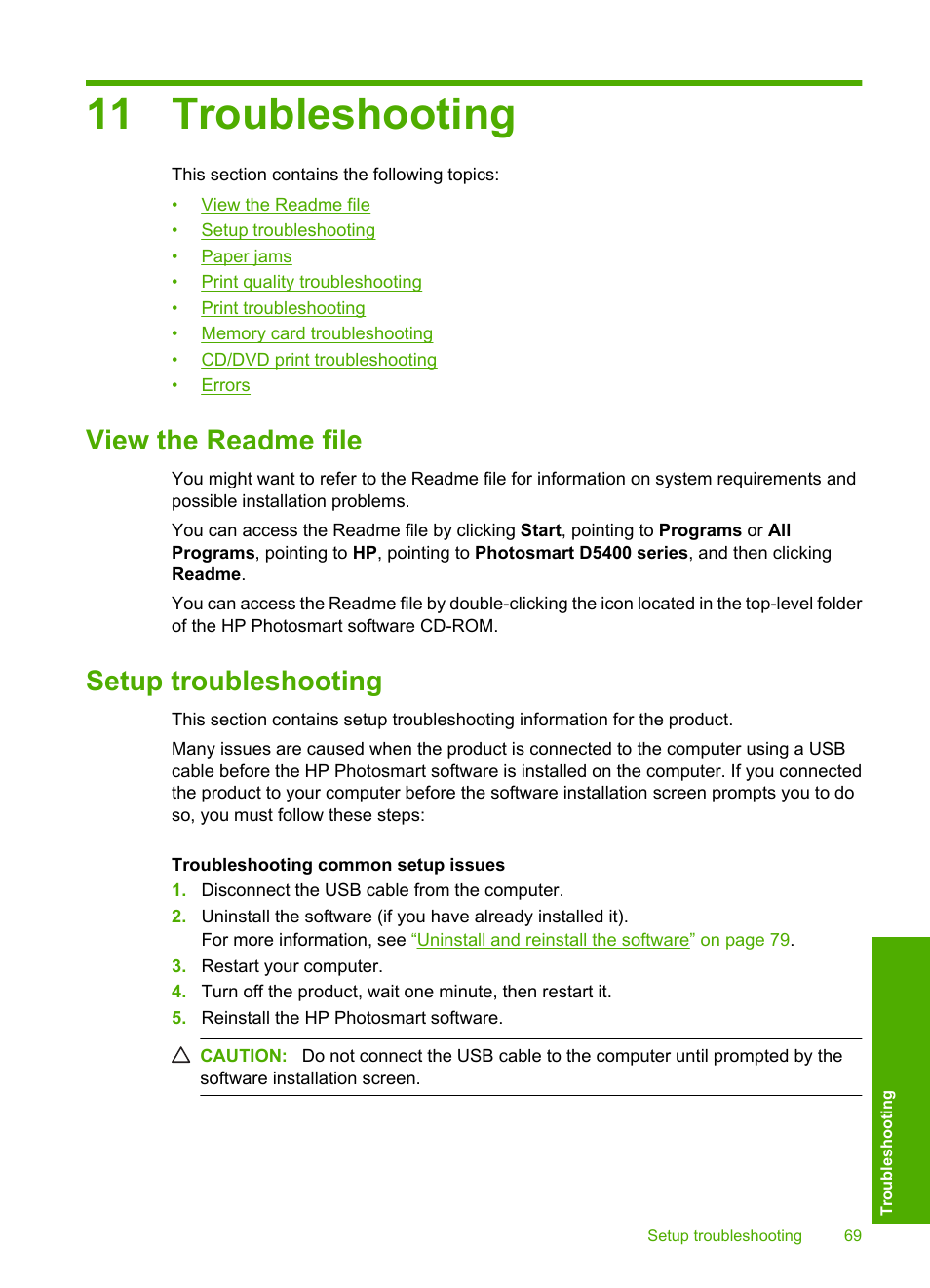 Troubleshooting, View the readme file, Setup troubleshooting | 11 troubleshooting, View the readme file setup troubleshooting | HP Photosmart D5400 series User Manual | Page 70 / 221