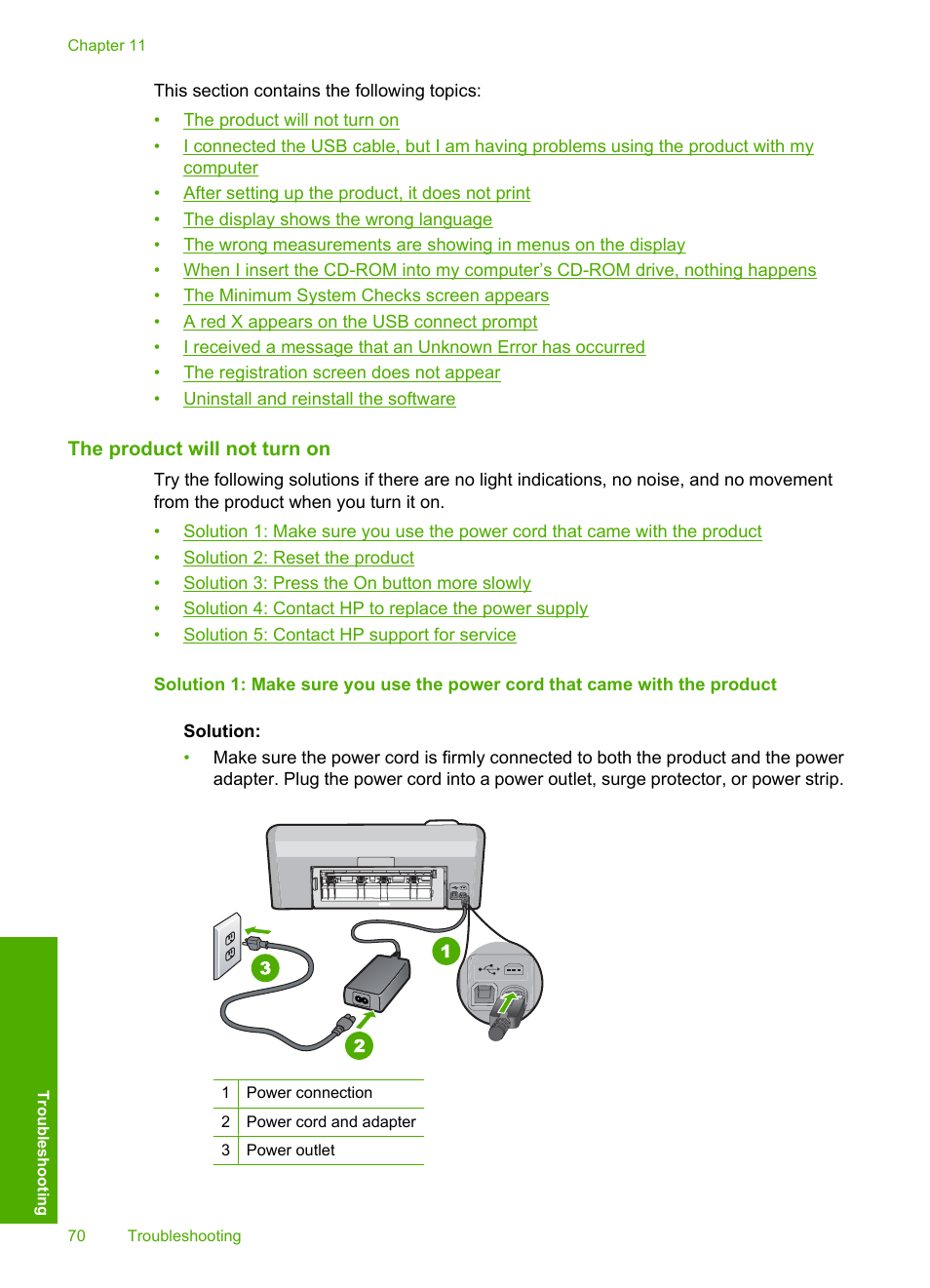 The product will not turn on | HP Photosmart D5400 series User Manual | Page 71 / 221