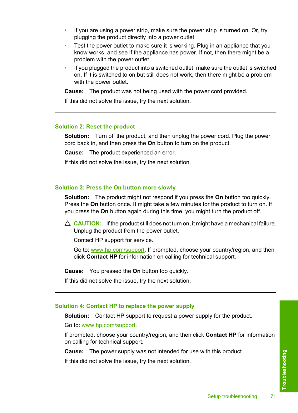 Solution 2: reset the product, Solution 3: press the on button more slowly, Solution 4: contact hp to replace the power supply | HP Photosmart D5400 series User Manual | Page 72 / 221