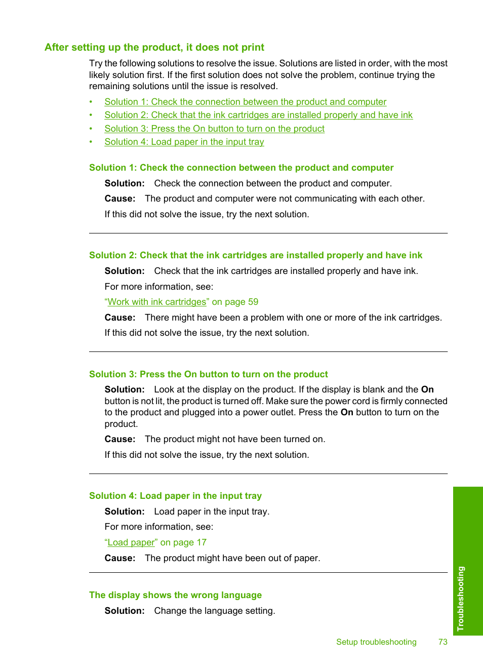 After setting up the product, it does not print, The display shows the wrong language | HP Photosmart D5400 series User Manual | Page 74 / 221