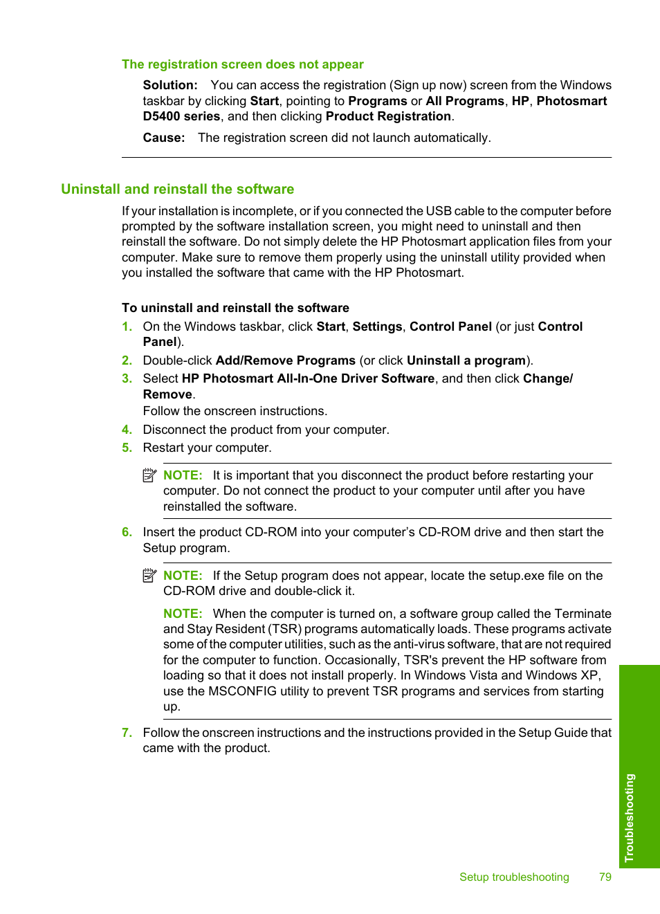 Uninstall and reinstall the software, The registration screen does not appear | HP Photosmart D5400 series User Manual | Page 80 / 221