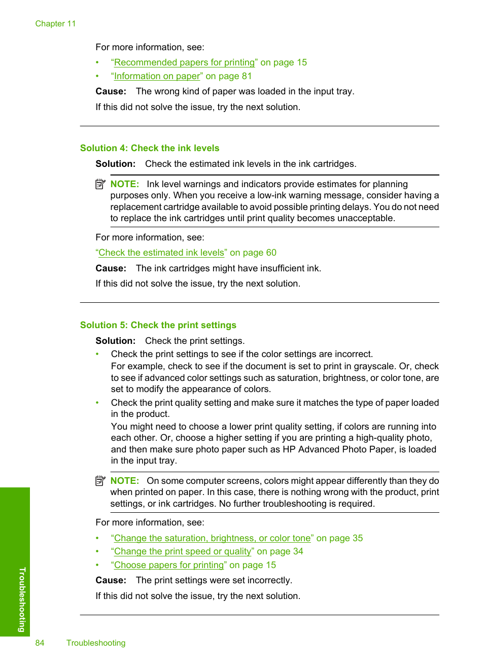 Solution 4: check the ink levels, Solution 5: check the print settings | HP Photosmart D5400 series User Manual | Page 85 / 221