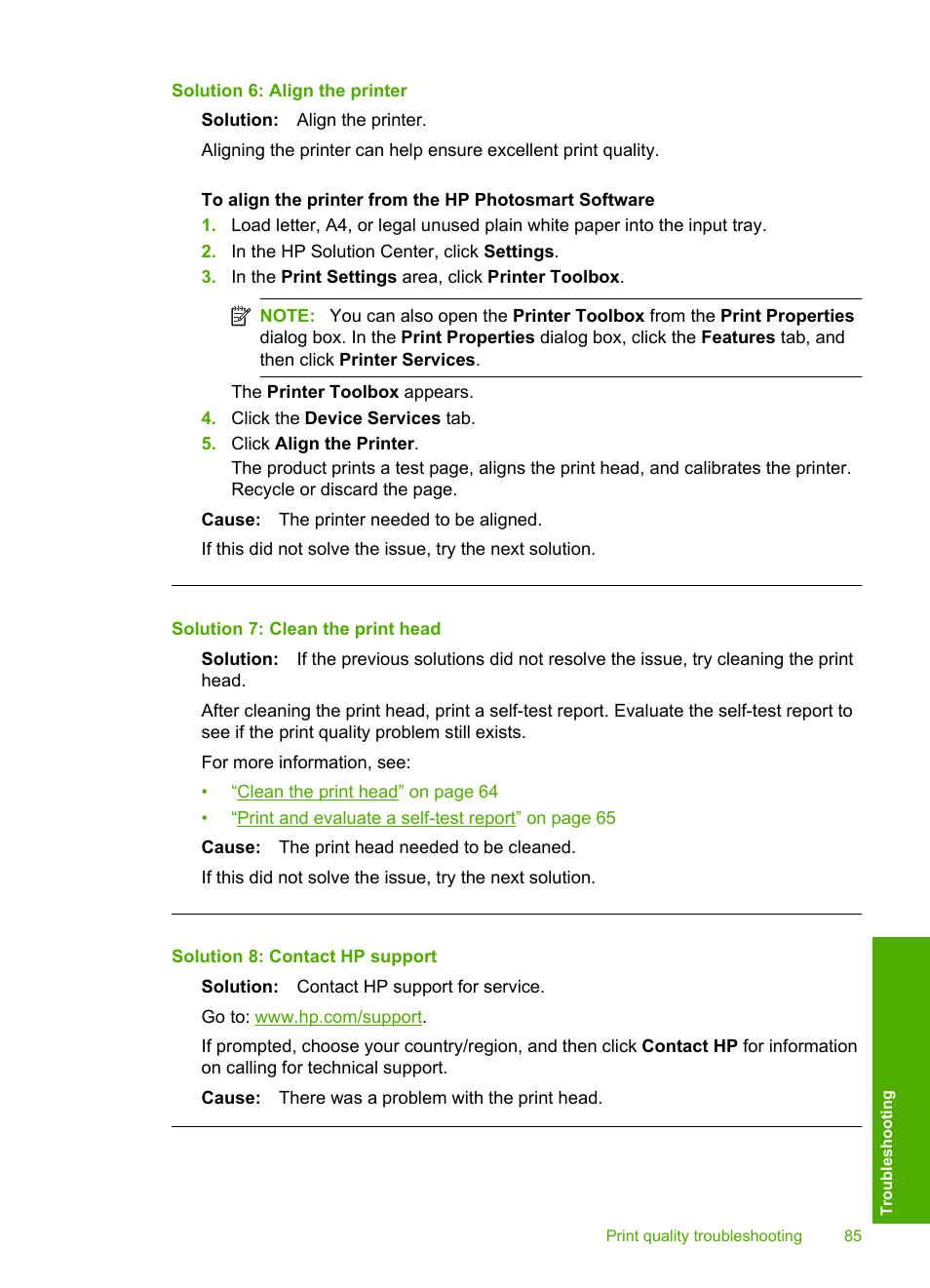 Solution 6: align the printer, Solution 7: clean the print head, Solution 8: contact hp support | HP Photosmart D5400 series User Manual | Page 86 / 221