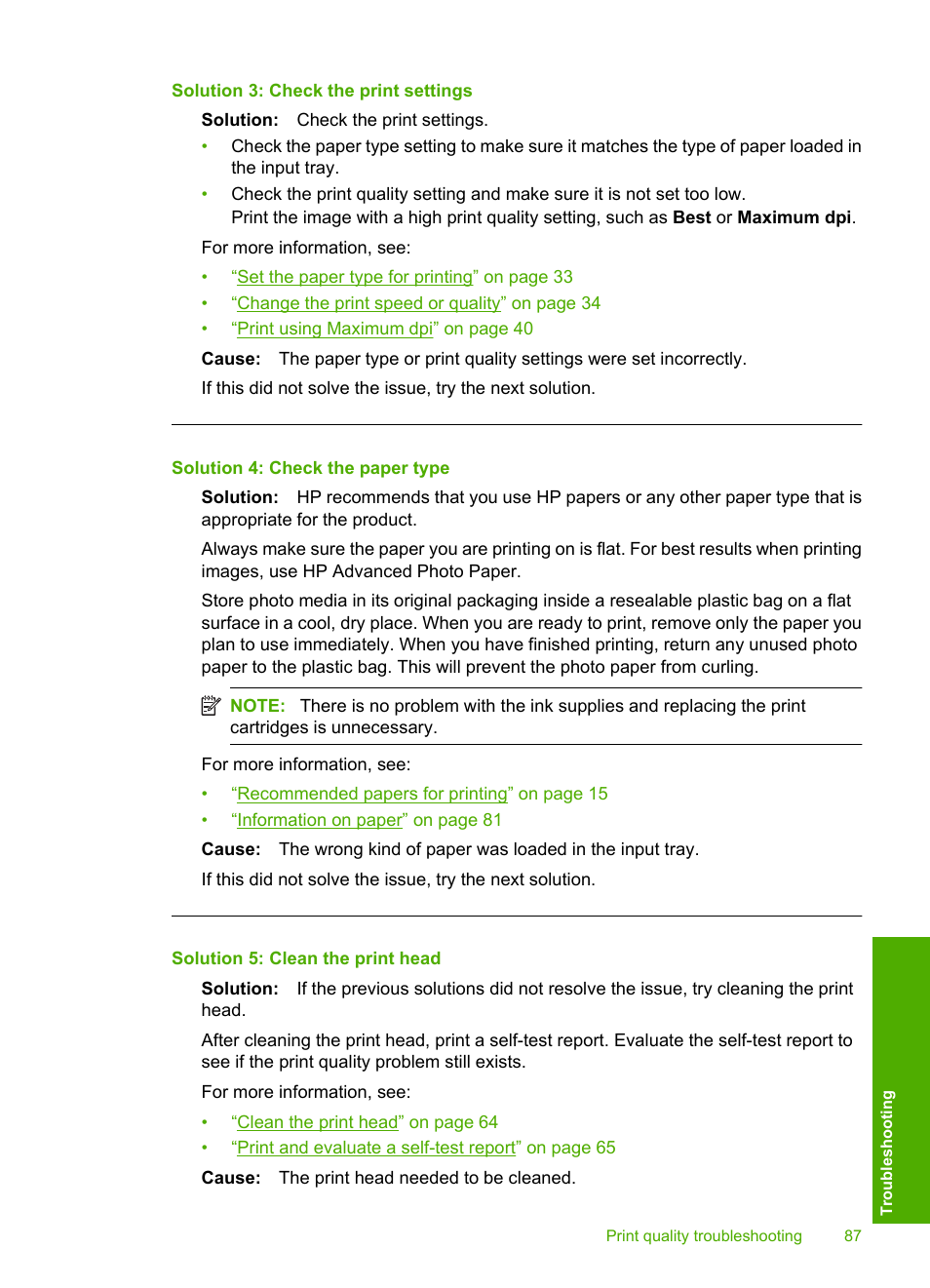 Solution 3: check the print settings, Solution 4: check the paper type, Solution 5: clean the print head | HP Photosmart D5400 series User Manual | Page 88 / 221