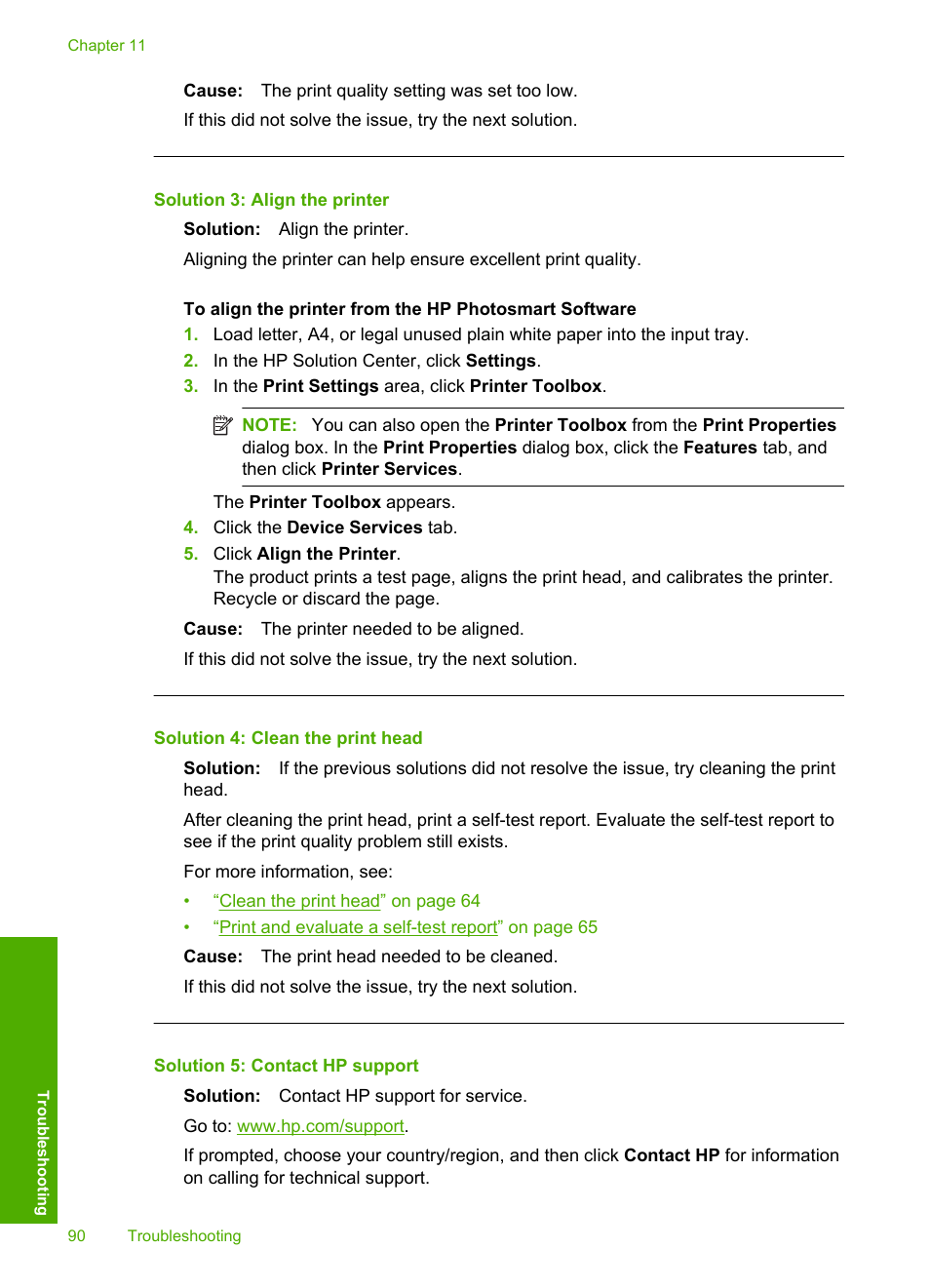 Solution 3: align the printer, Solution 4: clean the print head, Solution 5: contact hp support | HP Photosmart D5400 series User Manual | Page 91 / 221