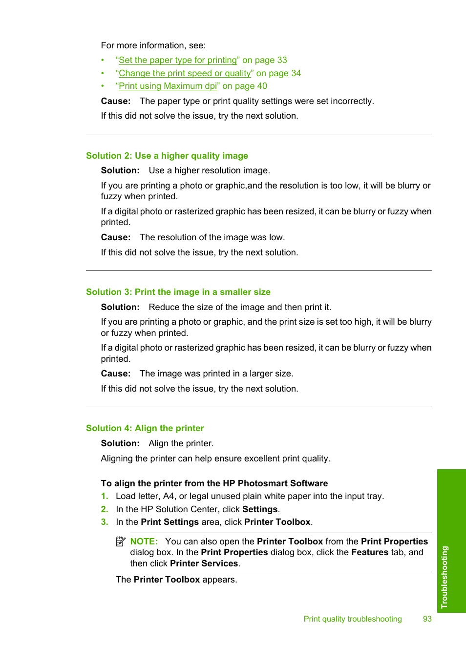 Solution 2: use a higher quality image, Solution 3: print the image in a smaller size, Solution 4: align the printer | HP Photosmart D5400 series User Manual | Page 94 / 221