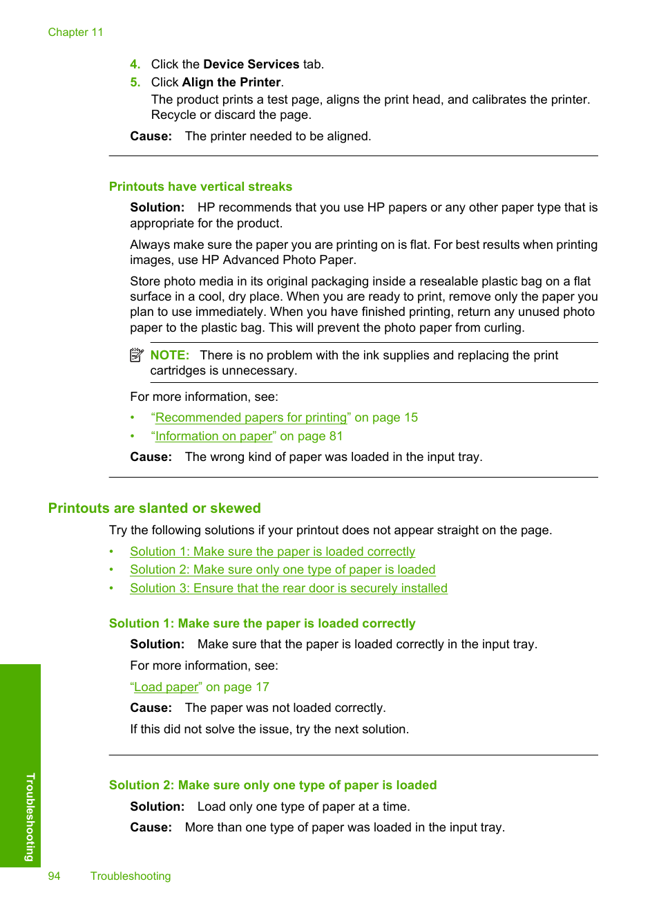 Printouts are slanted or skewed, Printouts have vertical streaks | HP Photosmart D5400 series User Manual | Page 95 / 221