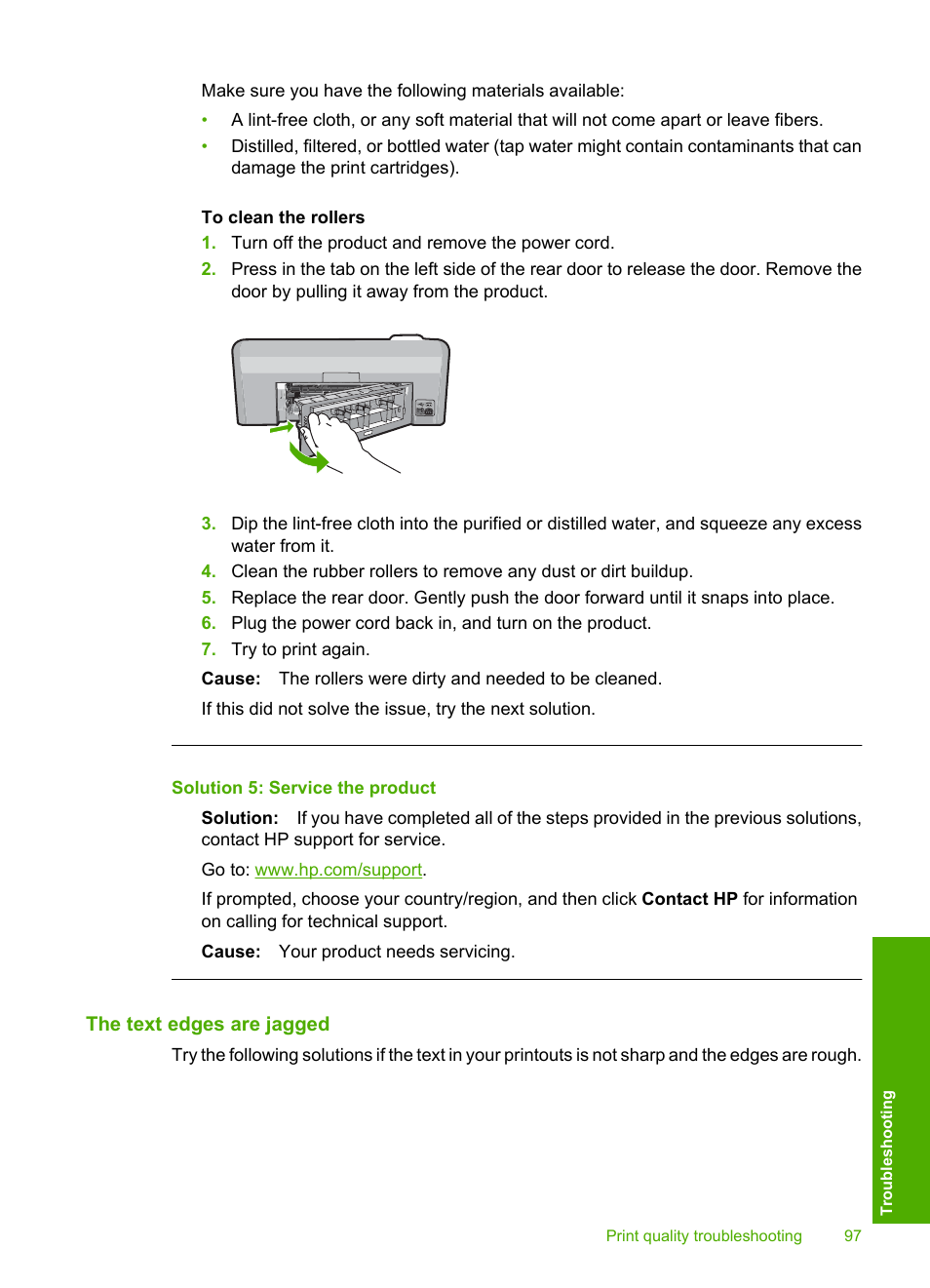 The text edges are jagged, Solution 5: service the product | HP Photosmart D5400 series User Manual | Page 98 / 221