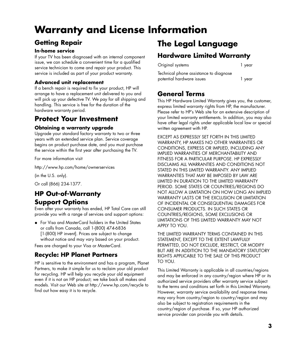 Warranty and license information, The legal language, Protect your investment | Getting repair, Hp out-of-warranty support options, Hardware limited warranty, General terms | HP LC2640N User Manual | Page 3 / 8