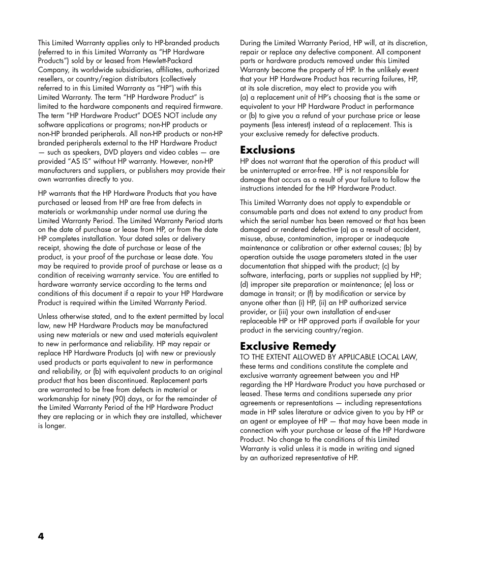 Exclusions, Exclusive remedy | HP LC2640N User Manual | Page 4 / 8