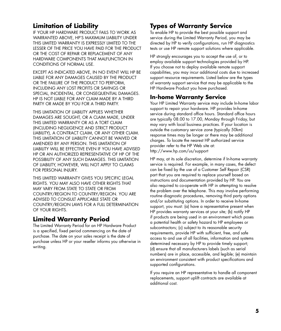 Limitation of liability, Limited warranty period, Types of warranty service | HP LC2640N User Manual | Page 5 / 8
