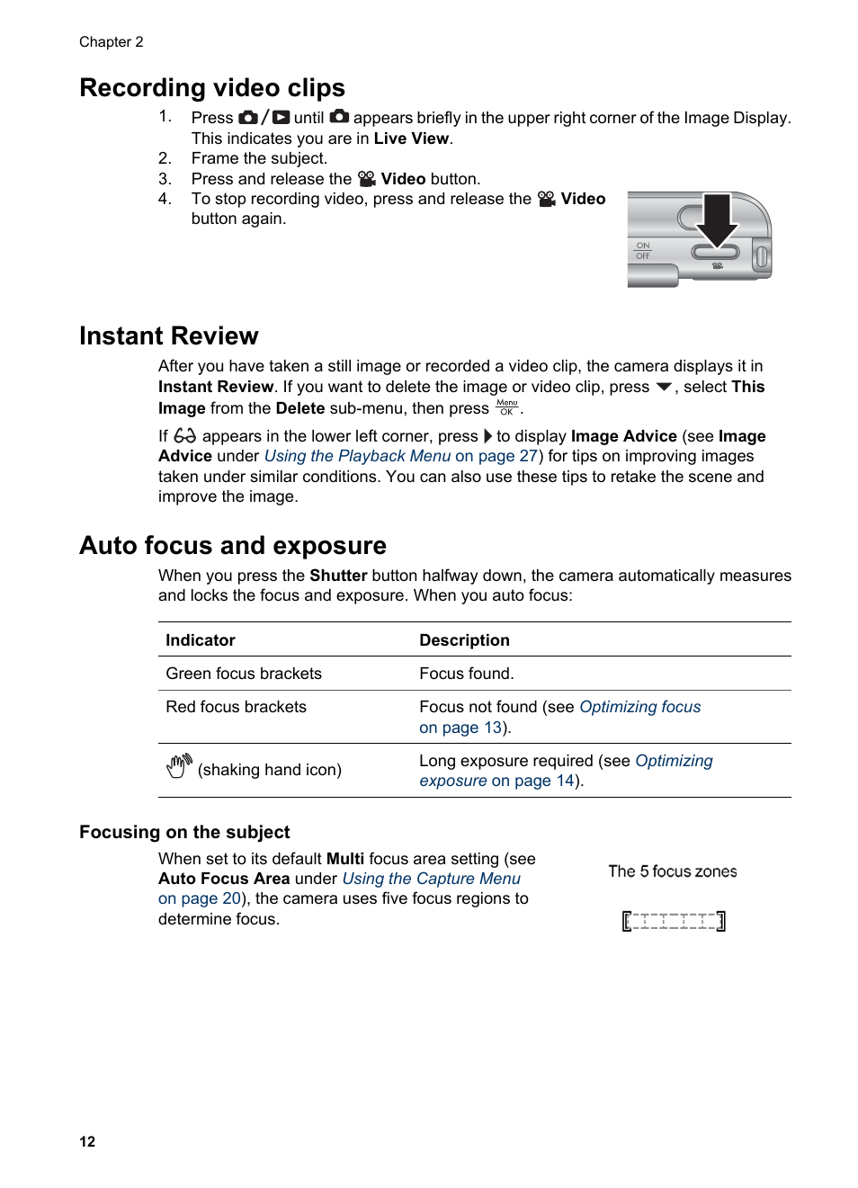 Recording video clips, Instant review, Auto focus and exposure | Focusing on the subject, Focus brackets (see | HP Photosmart R927 User Manual | Page 12 / 58