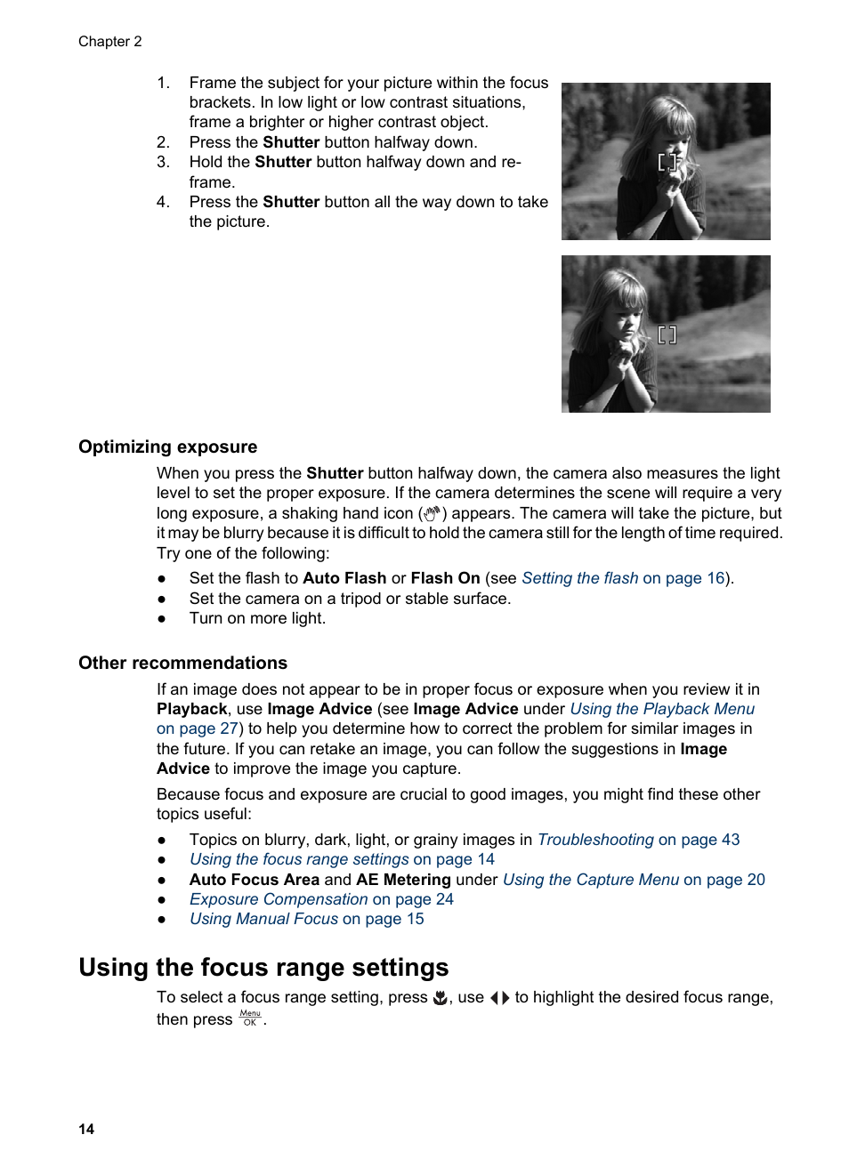 Optimizing exposure, Other recommendations, Using the focus range settings | Using manual focus, Optimizing, Using the focus | HP Photosmart R927 User Manual | Page 14 / 58