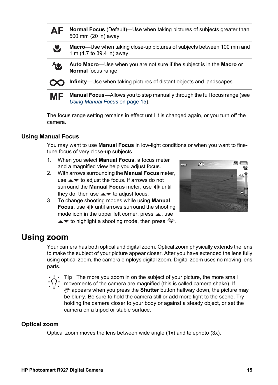 Using manual focus, Using zoom, Optical zoom | Optical zoom digital zoom | HP Photosmart R927 User Manual | Page 15 / 58