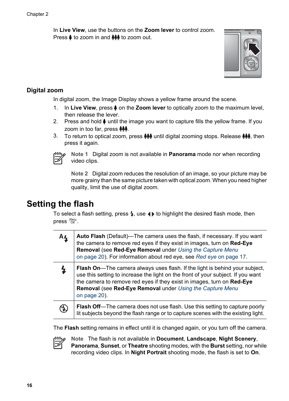 Digital zoom, Setting the flash, Red eye | HP Photosmart R927 User Manual | Page 16 / 58