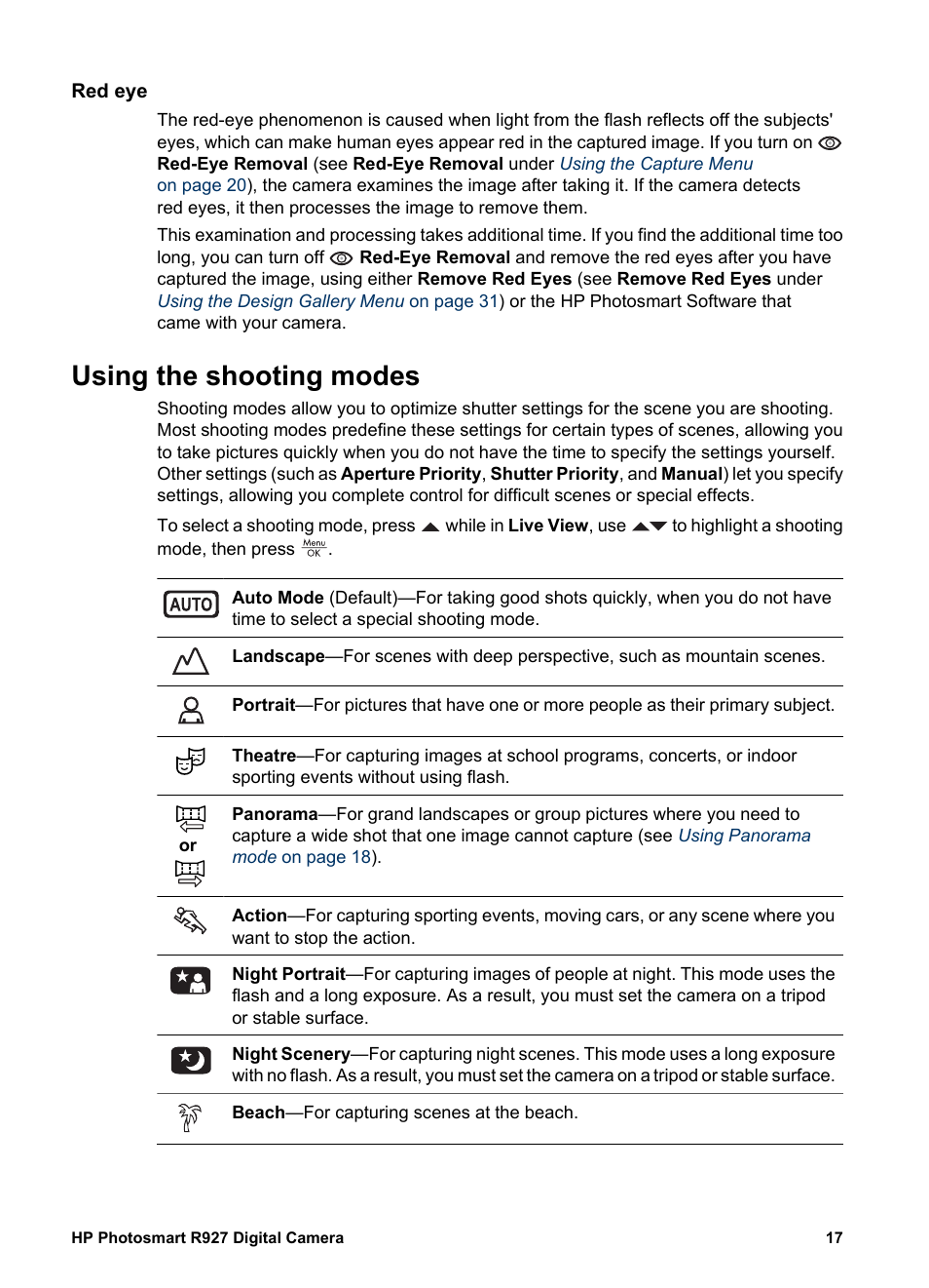 Red eye, Using the shooting modes | HP Photosmart R927 User Manual | Page 17 / 58