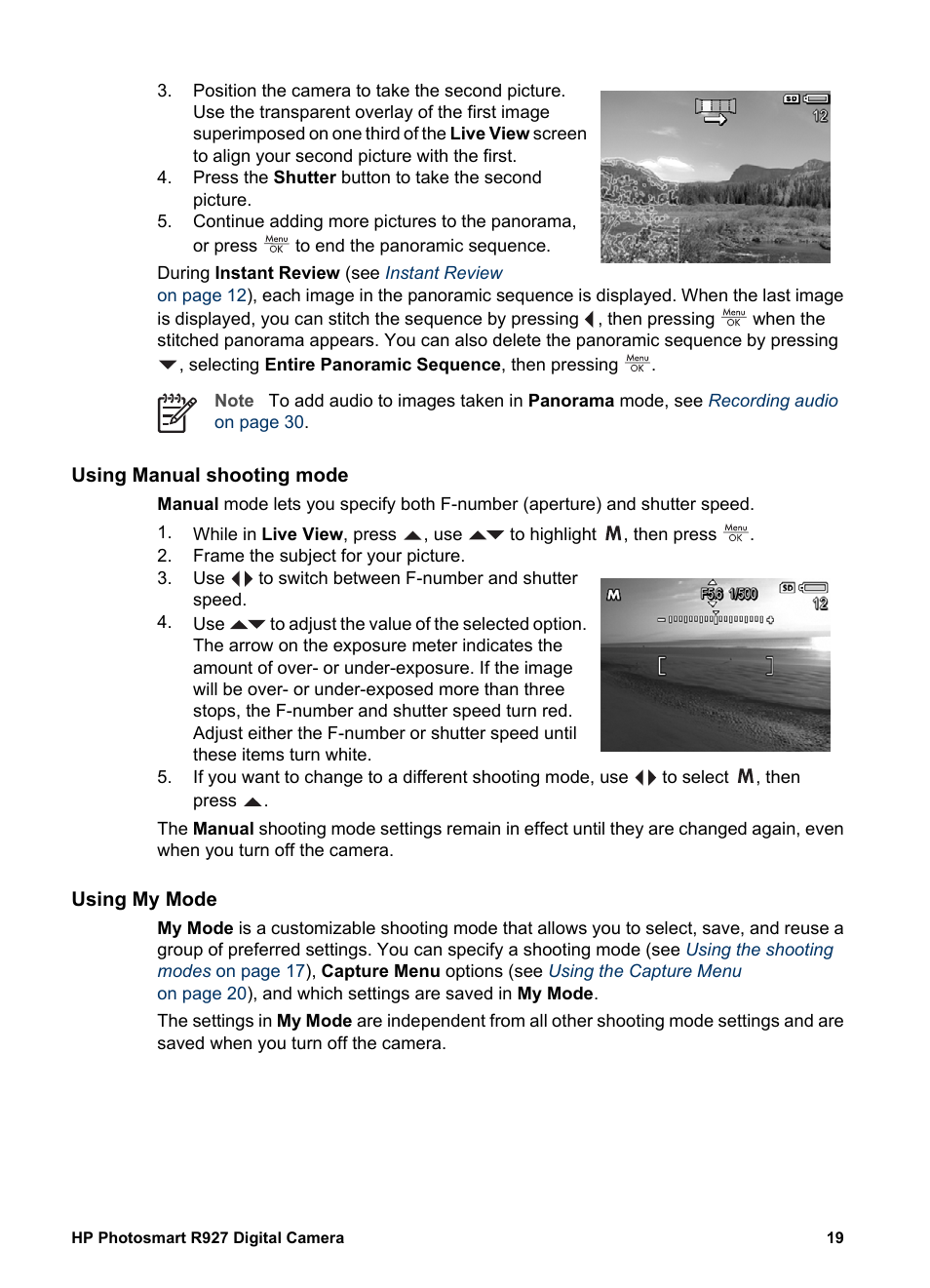 Using manual shooting mode, Using my mode, Selecting and saving preferred settings in my mode | Using manual | HP Photosmart R927 User Manual | Page 19 / 58