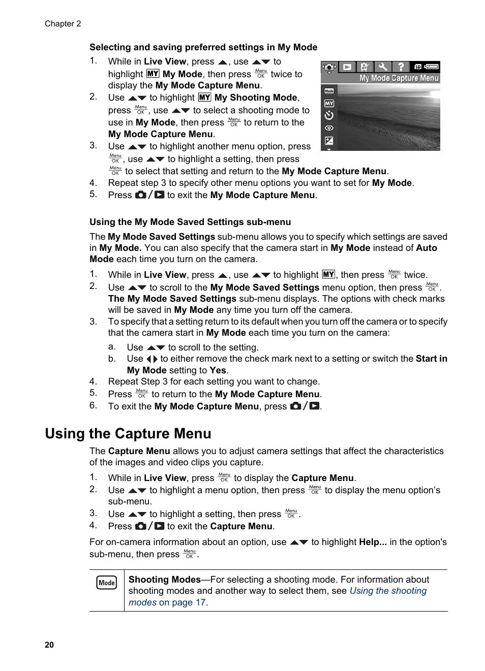 Using the my mode saved settings sub-menu, Using the capture menu | HP Photosmart R927 User Manual | Page 20 / 58