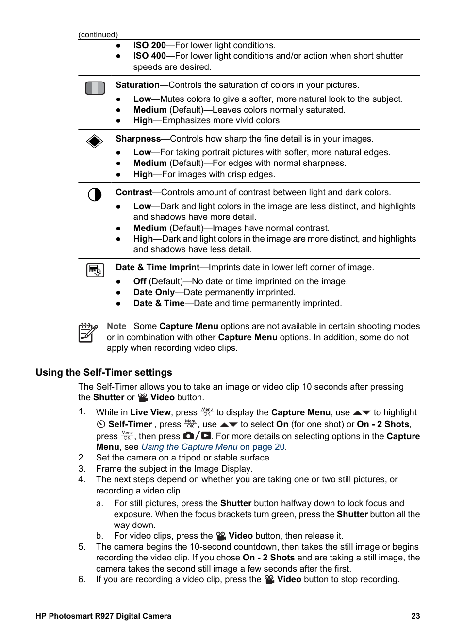 Using the self-timer settings | HP Photosmart R927 User Manual | Page 23 / 58