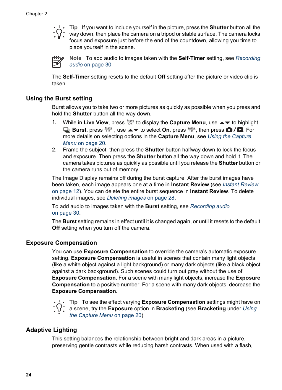 Using the burst setting, Exposure compensation, Adaptive lighting | Information, see, Using the | HP Photosmart R927 User Manual | Page 24 / 58