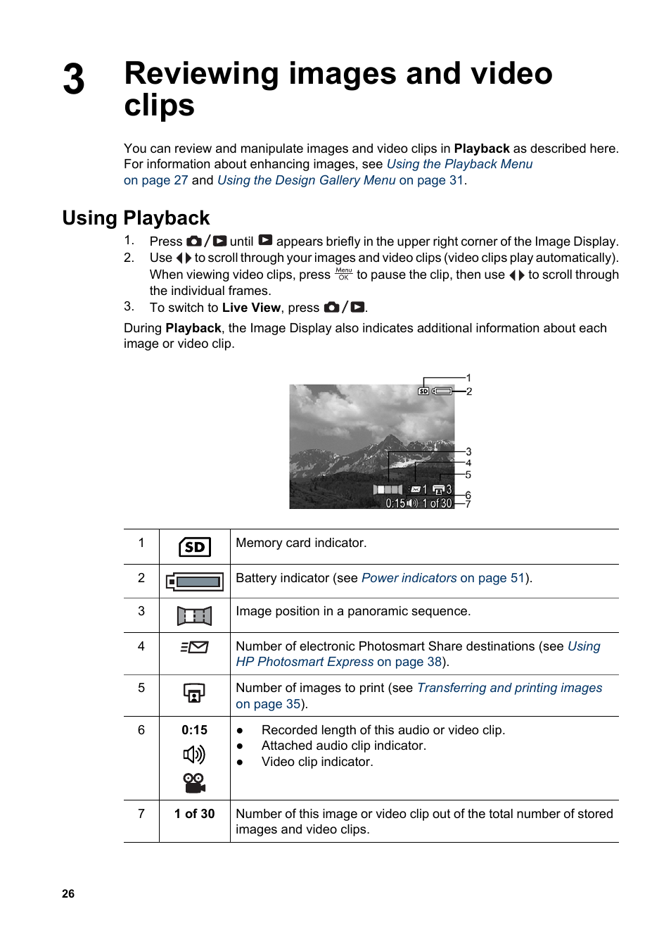 Reviewing images and video clips, Using playback, Reviewing images and video clips using playback | Saving frames from video clips, Viewing thumbnails magnifying images | HP Photosmart R927 User Manual | Page 26 / 58