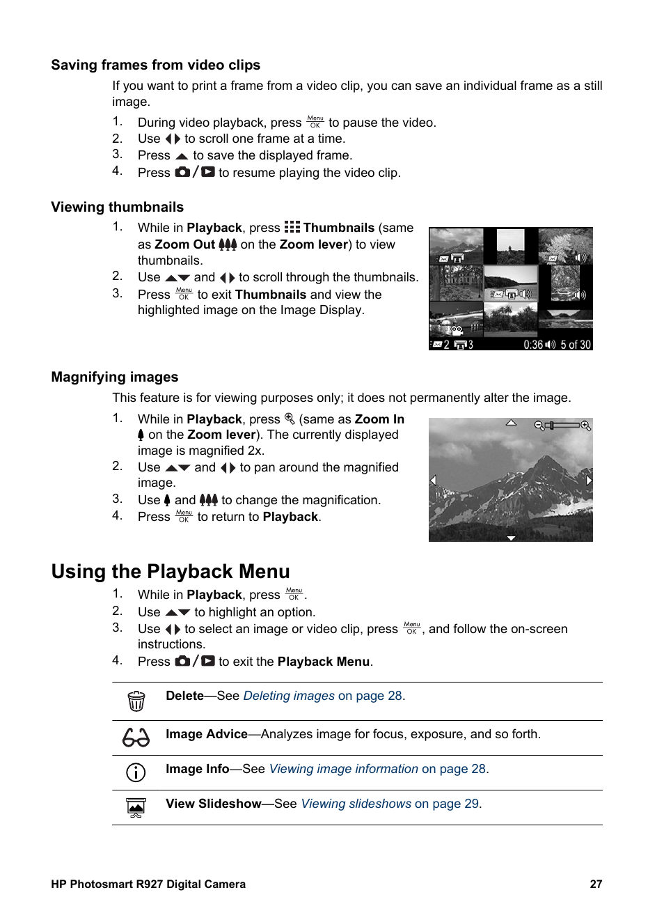 Saving frames from video clips, Viewing thumbnails, Magnifying images | Using the playback menu, Using the, For t | HP Photosmart R927 User Manual | Page 27 / 58