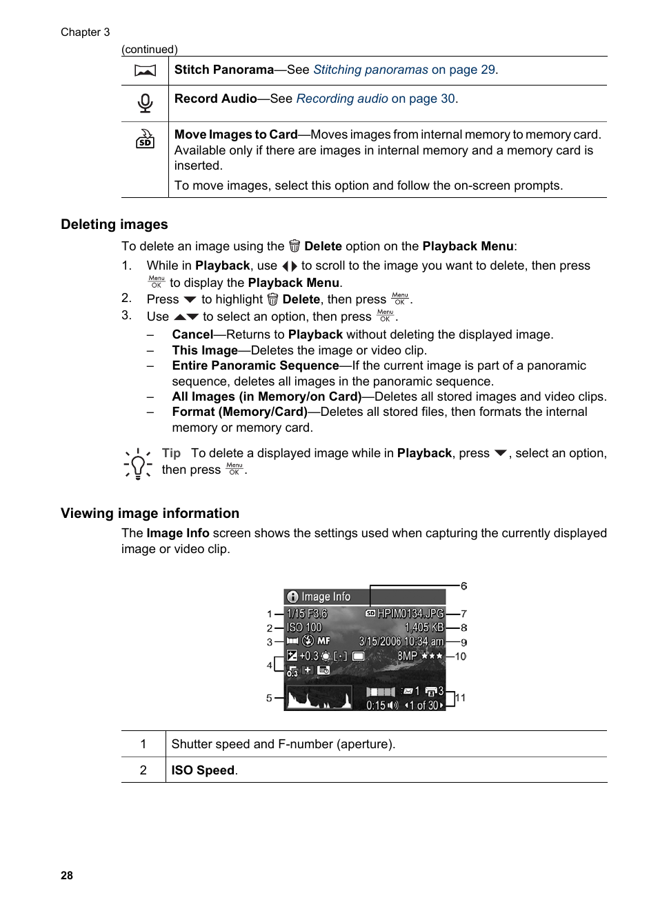 Deleting images, Viewing image information, Deleting | HP Photosmart R927 User Manual | Page 28 / 58