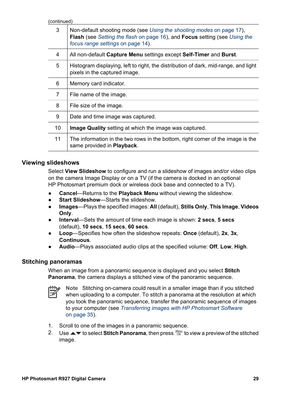 Viewing slideshows, Stitching panoramas | HP Photosmart R927 User Manual | Page 29 / 58