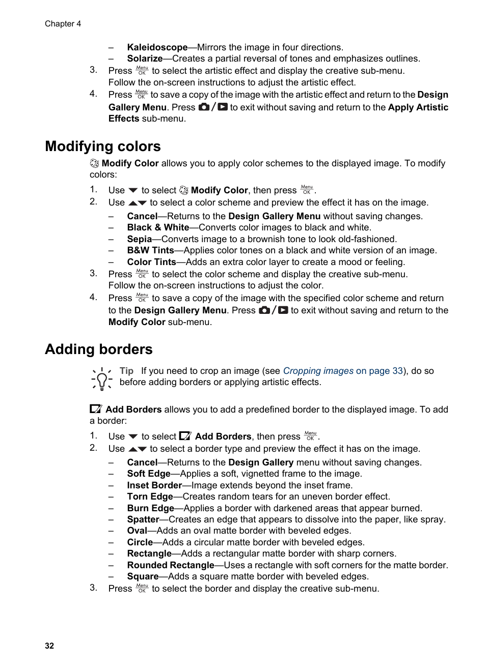 Modifying colors, Adding borders, Modifying colors adding borders | HP Photosmart R927 User Manual | Page 32 / 58