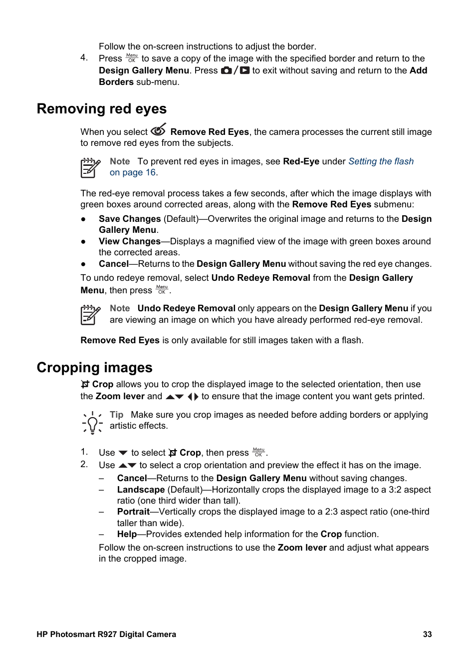 Removing red eyes, Cropping images, Removing red eyes cropping images | HP Photosmart R927 User Manual | Page 33 / 58
