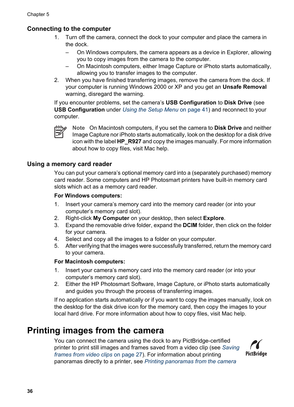 Connecting to the computer, Using a memory card reader, Printing images from the camera | HP Photosmart R927 User Manual | Page 36 / 58