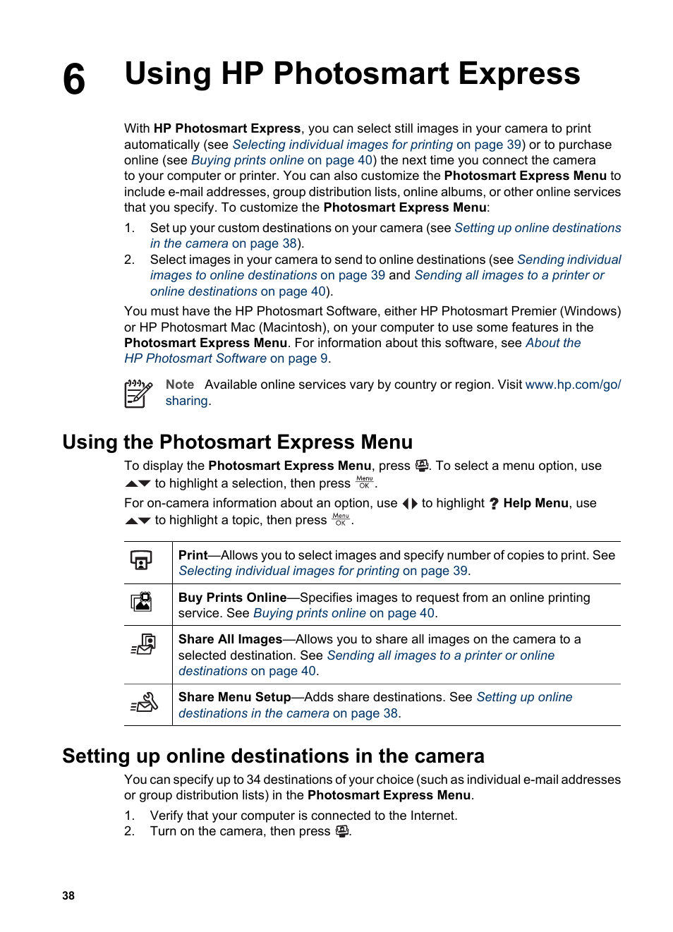 Using hp photosmart express, Using the photosmart express menu, Setting up online destinations in the camera | Ra to your computer. see, Using | HP Photosmart R927 User Manual | Page 38 / 58
