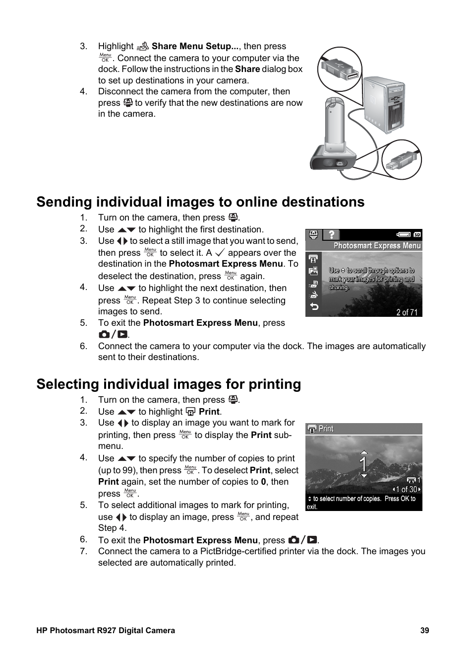 Sending individual images to online destinations, Selecting individual images for printing, Selecting individual images | Automatically (see, Sending individual | HP Photosmart R927 User Manual | Page 39 / 58