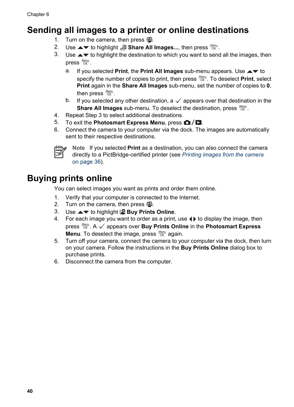 Buying prints online, Sending all images to a printer or, Sending all images to a printer or online | HP Photosmart R927 User Manual | Page 40 / 58