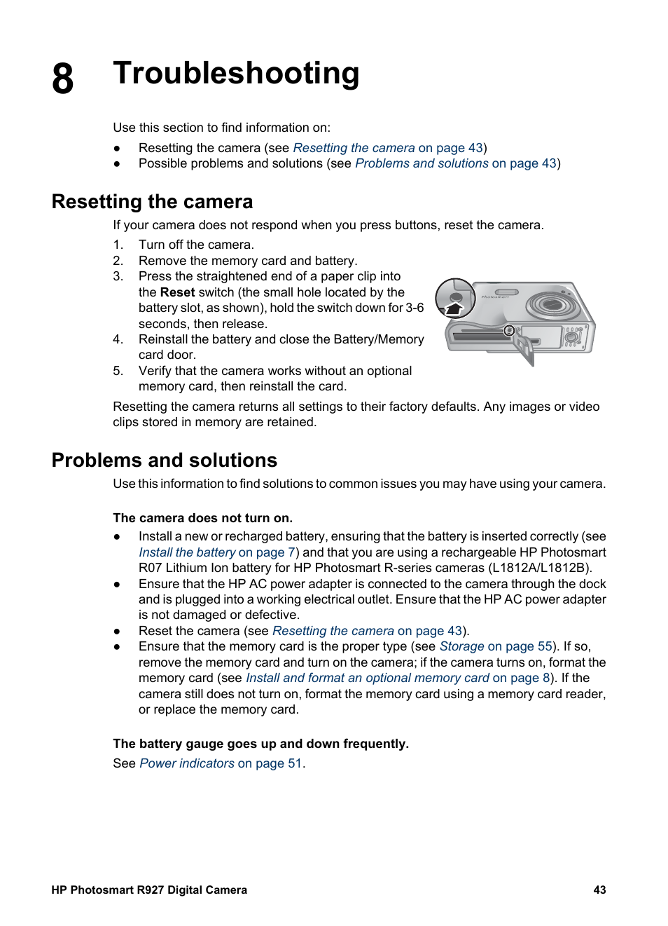 Troubleshooting, Resetting the camera, Problems and solutions | S in | HP Photosmart R927 User Manual | Page 43 / 58
