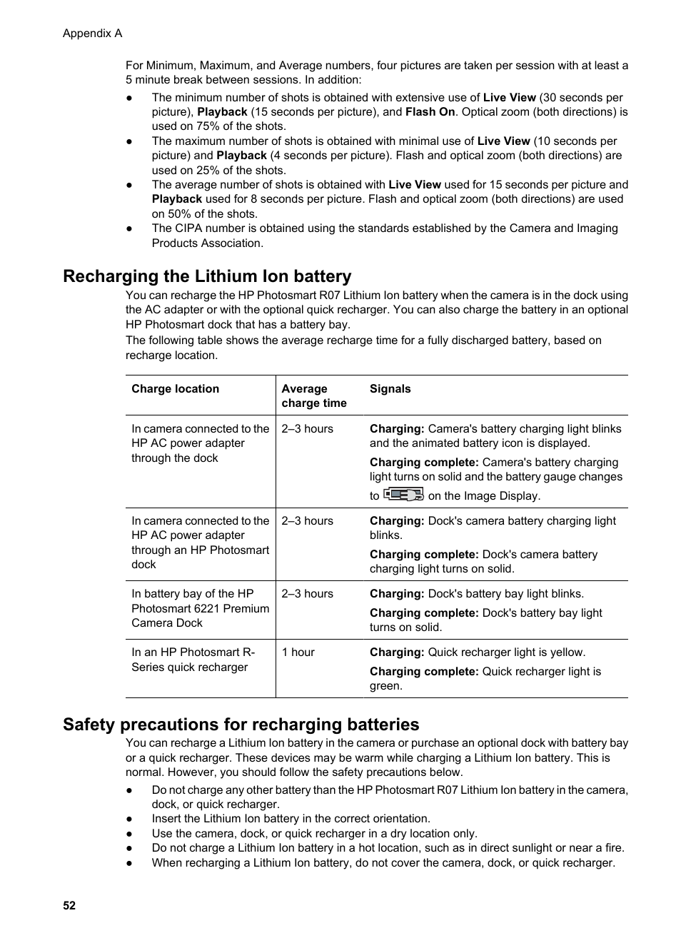 Recharging the lithium ion battery, Safety precautions for recharging batteries | HP Photosmart R927 User Manual | Page 52 / 58