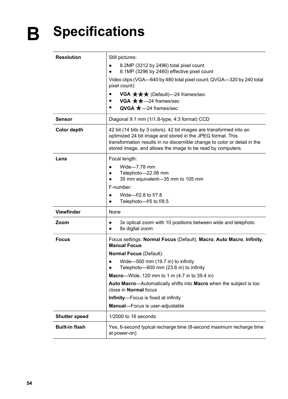 Specifications | HP Photosmart R927 User Manual | Page 54 / 58