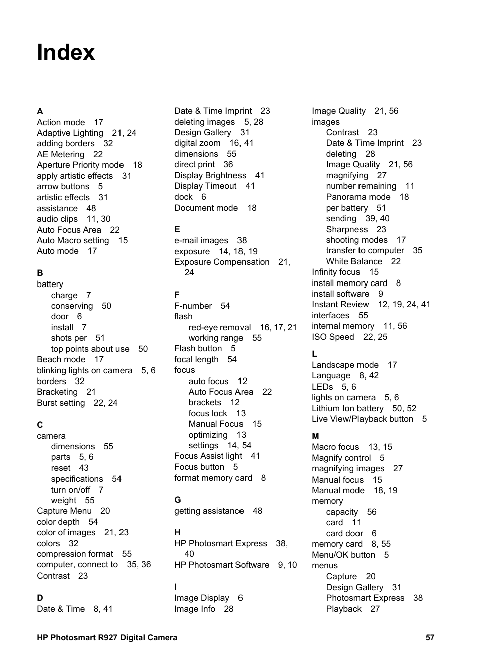 Index | HP Photosmart R927 User Manual | Page 57 / 58