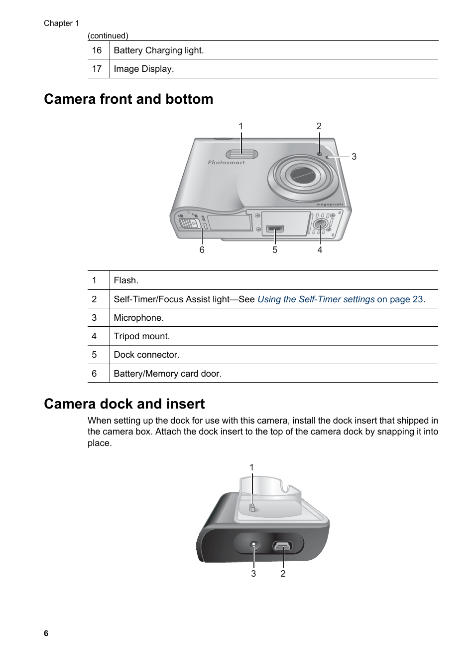 Camera front and bottom, Camera dock and insert, Camera front and bottom camera dock and insert | HP Photosmart R927 User Manual | Page 6 / 58